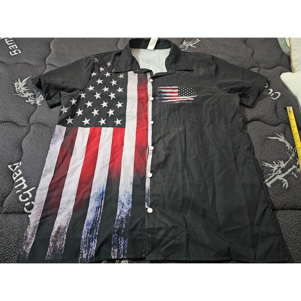 Mens American Flag Button Down Short Sleeve Shirt Black XL Patriotic USA Top
